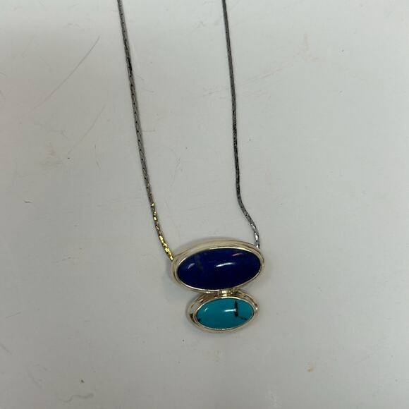 Vintage Oval Shape Turquoise & Lapis 925 Sterling Silver Necklace Size 3/4 inch - Picture 8 of 11
